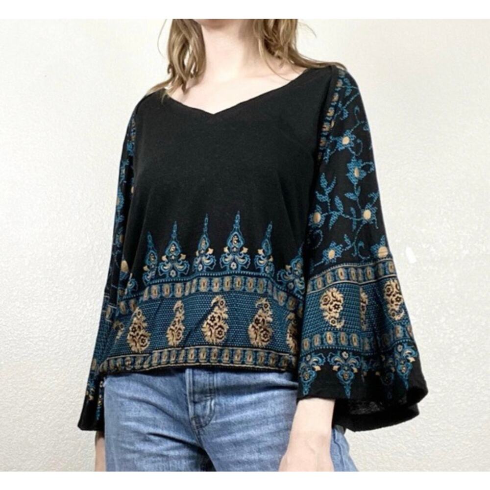 Free People Women V-Neck Boho Medallion Black & Gold Peasant Tunic Size S Petite